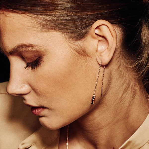 model wearing San Shi Garnet Long Earrings, 18 ct Rose Gold Vermeil - Tsai x Tsai | Luxury Gemstone Jewellery Gift