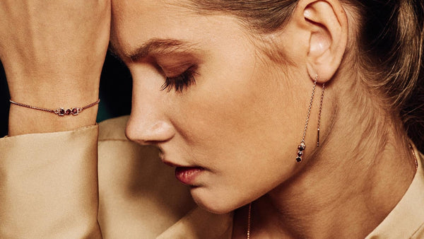 model wearing San Shi Garnet Bracelet, necklace and earrings matching set  18 ct Rose Gold Vermeil - Tsai x Tsai | Luxury Gemstone Jewellery Gift