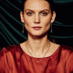 model wearing San Shi Amethyst Necklace and chain earring set, 18 ct Rose Gold Vermeil - Tsai x Tsai | Luxury Gemstone Jewellery Gift