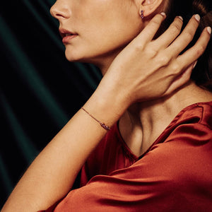 model wearing San Shi Amethyst Bracelet, 18 ct Rose Gold Vermeil - Tsai x Tsai | Luxury Gemstone Jewellery Gift