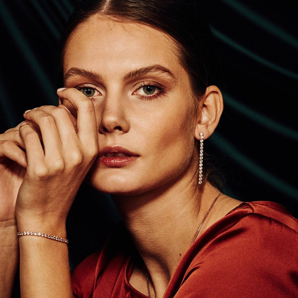 model wearing Tamsui Blue Topaz Bracelet and earring set, 18 ct Rose Gold Vermeil - Tsai x Tsai | Luxury Gemstone Jewellery Gift