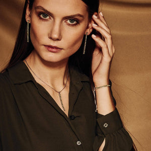 model wearing Pinglin Peridot Earrings, Necklace and Bracelet Set. 925 Sterling Silver - Tsai x Tsai | Luxury Gemstone Jewellery Gift