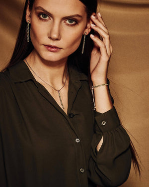 Model wearing Pinglin Peridot Bracelet, Necklace and Earrings set, 925 Sterling Silver - Tsai x Tsai | Luxury Gemstone Jewellery Gift