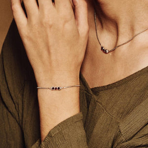 model wearing San Shi Garnet Bracelet Sterling Silver - Tsai x Tsai | Luxury Gemstone Jewellery Gift