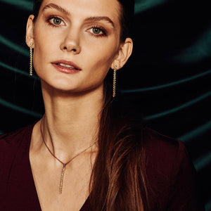 model wearing Pinglin Peridot Earrings, necklace set 18ct Rose Gold Vermeil - Tsai x Tsai | Luxury Gemstone Jewellery Gift