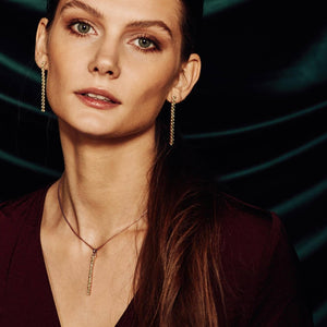model wearing Pinglin Peridot Necklace and earrings set 18 ct Rose Gold Vermeil - Tsai x Tsai | Luxury Gemstone Jewellery Gift