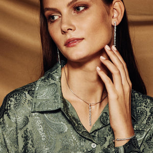 model wearing Tamsui Blue Topaz Bracelet, Earrings and Necklace, Sterling Silver - Tsai x Tsai | Luxury Gemstone Jewellery Gift