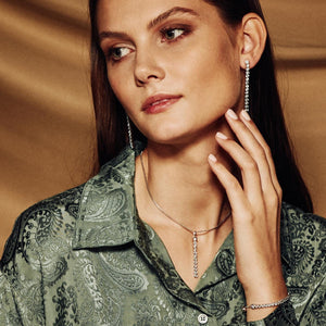 model wearing Tamsui Blue Topaz Earrings, Necklace and Bracelet set, Sterling Silver - Tsai x Tsai | Luxury Gemstone Jewellery Gift