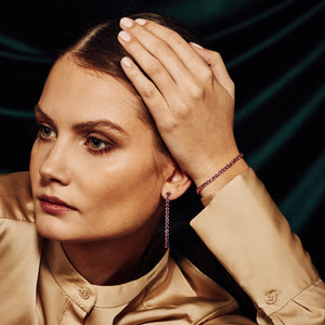 model wearing Wanli Amethyst Earrings and Adjustable Bracelet set 18 ct Rose Gold Vermeil - Tsai x Tsai | Luxury Gemstone Jewellery Gift
