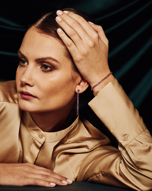 model wearing Wanli Amethyst adjustable Bracelet and earrings matching set, 18 ct Rose Gold Vermeil - Tsai x Tsai | Luxury Gemstone Jewellery Gift
