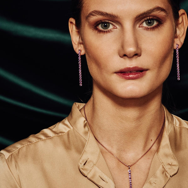 model wearing Wanli Amethyst Earrings and Necklace matching set 18 ct Rose Gold Vermeil - Tsai x Tsai | Luxury Gemstone Jewellery Gift