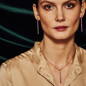 model wearing Wanli Amethyst Necklace and earrings matching set, 18 ct Rose Gold Vermeil - Tsai x Tsai | Luxury Gemstone Jewellery Gift