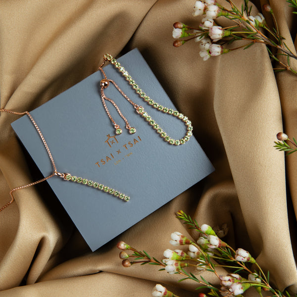 Complimentary luxury gift wrap from Tsai by Tsai Luxury Natural Gemstone Jewellery present packaging design with Pinglin peridot bracelet and necklace set